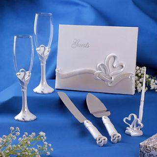 Wedding Collection Set Including Guestbook,Pen Holder,Double Hearts Toasting Flutes and Cake Server Knife(6 Pieces)