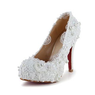Tasteful Satin Closed Toe Pumps with Imitation Pearl and Stitching Lace Wedding Shoes