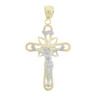 14K Gold Two Tone Crucifix Pendant, Yellow/White, Womens
