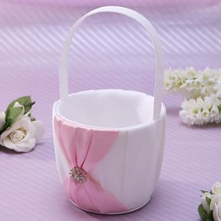 Flower Basket In Pink Satin With Rhinestones And Sash