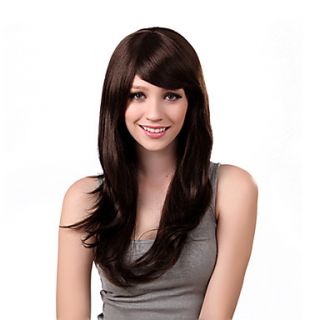 Capless Long Stright Brown Synthetic Wig Side Bang