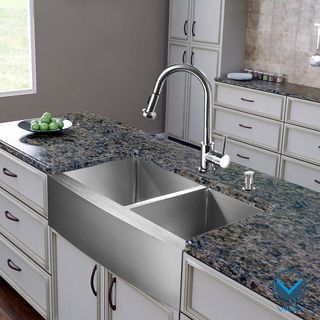 Vigo All In One 36 inch Farmhouse Stainless Steel Double Bowl Kitchen Sink And Chrome Faucet Set