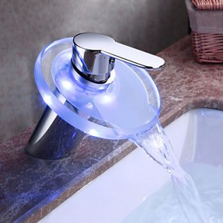 Single Handle Color Changing LED Waterfall Centerset Bathroom Sink Faucet with Glass Spout
