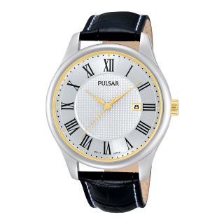 Pulsar Mens Silver Tone Leather Strap Roman Numeral Watch