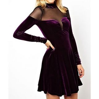 Womens 2014 Hot Fashion Purple Mesh Insert Velvet Skater Dress