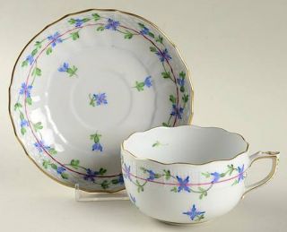 Herend Blue Garland (Pbg) Footed Cup & Saucer Set, Fine China Dinnerware   Blue