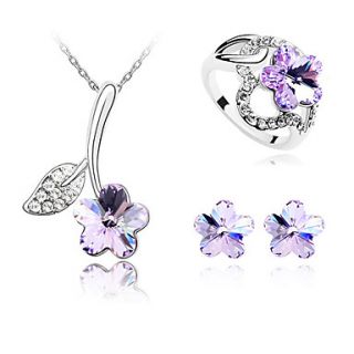 Ladies Flower Shape Crystal Jewelry Sets In Sliver Alloy Including Necklace Earrings Ring More Colors Available