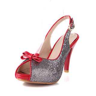 ELF Shoes Womens Elegant Peep Toe Bow Paillette Slingbacks PU Leather Shoes