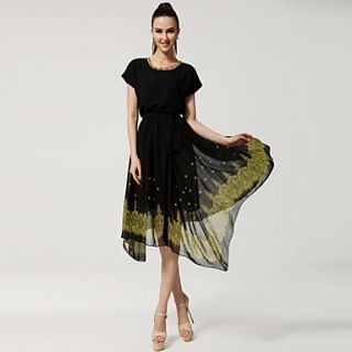 Color Party Womens Golden Lace Swing Long Dress (Black)