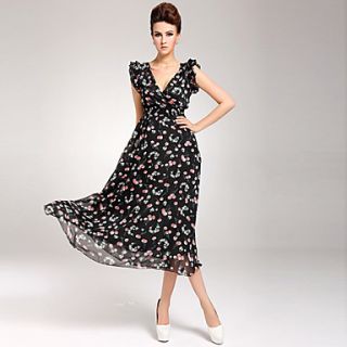 Color Party Womens Cherry Printing Slim Fit Long Dress (Black)