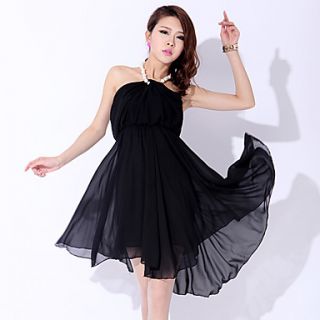 Nishang Sexy Star Nightclub Packed With Pearl Hanging Neck Lumbar Chiffon Dress(Black)