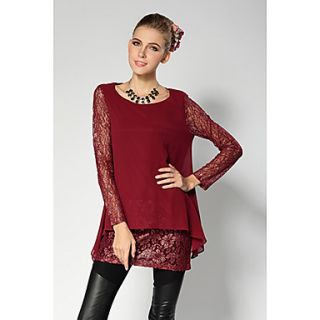 JRY Womens Simple Round Neck Wine A Line Lace Long Sleeve Swing Loose Fit Dress