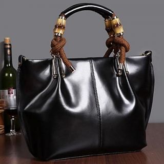 Womens Europe Style Unique Bamboo Handle Genuine Cowhide Leather Handbags Totes