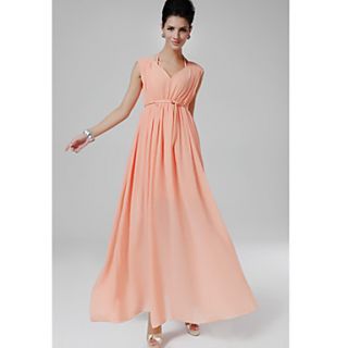 F.Modern WomenS Double V Neck Waist Pure Color Chiffon Dress(Pink)