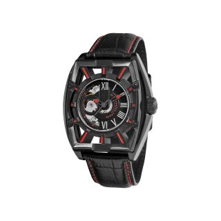 STUHRLING Mens Leather Strap Red Accent Automatic Skeleton Watch