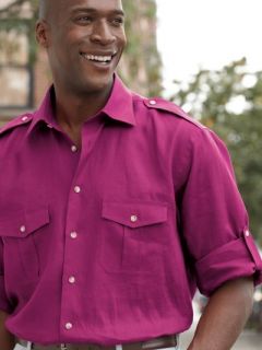 Paul Fredrick Mens 100% Linen Straight Collar Sport Shirt With Epaulets