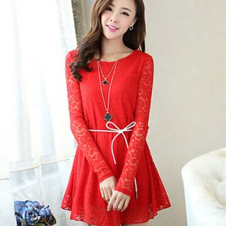 K Star Womens Korean Sexy Casual Long Sleeve Lace Dress(Red)