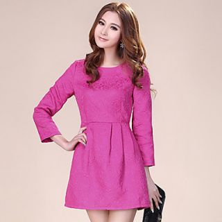 K Star Womens Korean Solid Color Embossed Jacquard Dress(Fuchsia)