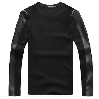 Aowofs MenS Long Sleeved T Shirt Round Neck Pullover Pu Stitching Design (Black)
