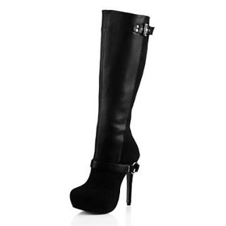 Suede Leatherette Womens Stiletto Heel Knee High Boots with Buckle