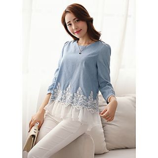 Kingmany Womens Korean Fresh Lace Splice Mesh Casual Shirt(Light Blue)