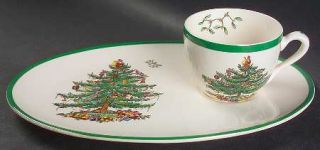 Spode Christmas Tree Green Trim Snack Plate & Cup Set, Fine China Dinnerware   N