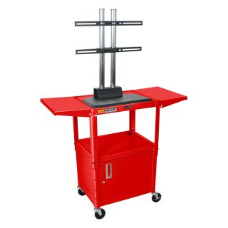 Luxor Red Flat Panel Adjustable Av Cart With Cabinet And Foldable Side Shelves (RedDimensions 24 inches wide x 18 inches deep x 24 42 inches highMaterials Steel300 pound weight limitTwo drop leaf side shelves with a 0.25 inch retaining lip Mount holds u