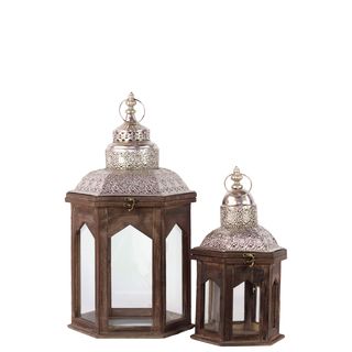 Brown Antique Wooden Lanterns (set Of Two)