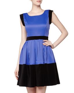Velveteen Trimmed Fit And Flare Cocktail Dress, Royal Blue