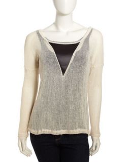 Faux Leather/Mesh Top, Ivory