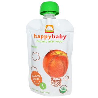 Happy Baby Stage 1 Peach Food Pouch (12 Pack) (White pouch with light green lidDimensions 6.5 inches high x 4.6 inches wide x 6.9 inches longAmount 3.5 oz. (each pack)Flavor PeachIncludes Twelve (12) pouchesSafety Do not microwave or boil pouch. Caps