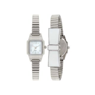 Womens Stretch Bow Square Case Watch, White/Silver