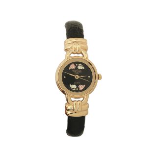 Black Hills Gold Womens Gold Tone Black Leather Strap Watch