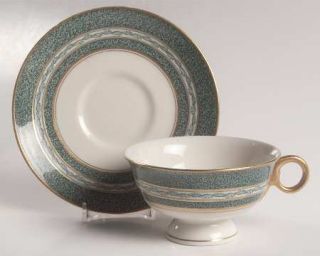 Haviland Mosaic Blue Green Footed Cup & Saucer Set, Fine China Dinnerware   Ny,