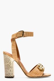 Dolce And Gabbana Brown Straw And Snake Print Bejeweled Heels