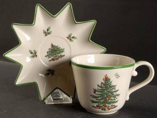 Spode Christmas Tree Green Trim Jumbo Cup & Saucer Set, Fine China Dinnerware  
