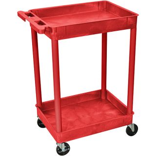 Luxor 2 Shelf Tall Utility Cart (RedDimensions 24 inches wide x 18 inches deep x 38 inches highMaterials Polyehylene plasticWeight limit 300 poundsShelves and legs wont stain, scratch, dent or rustFour (4) casters with two locking brakesPush handle mol