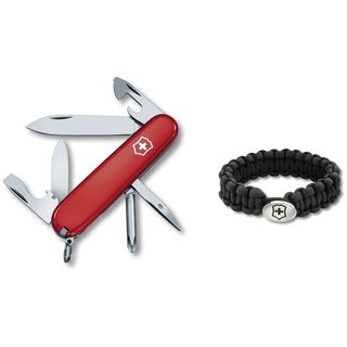 Tinker Swiss Army Knife With Paracord Bracelet (RedBlade materials Stainless steelHandle materials PlasticBlade length 3.25 inchesHandle length 3.6 inchesWeight 3 ozDimensions 3.6 inches long x .5 inches wide x 1 inch highBracelet color BlackSize 