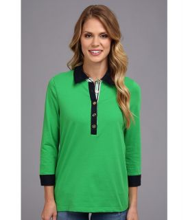 Jones New York Elbow Sleeve Polo Shirt w/ Woven Womens Short Sleeve Pullover (Green)