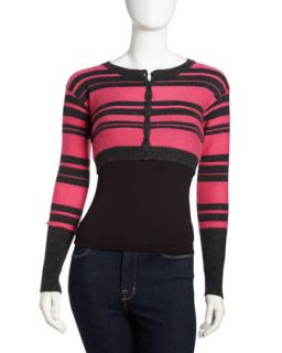 Striped Cropped Cashmere Cardigan, Charcoal/Deep Pink