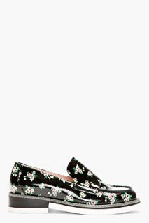 Carven Black Patent Leather Bouquet Print Penny Loafers