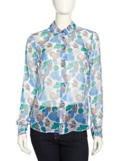 Sophie Shell Print Long Sleeve Silk Blouse, Bright White Mulitcolor