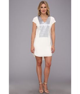 DKNYC Tech Crepe Drop Shoulder V Neck Dress w/ Satin Front Panel Womens Dress (White)