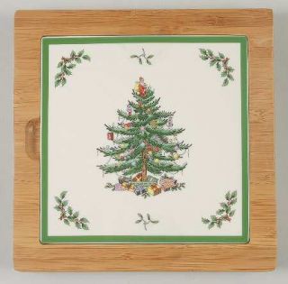 Spode Christmas Tree Green Trim 7 Inch Square Bamboo Trivet, Fine China Dinnerwa