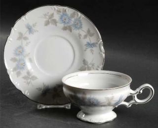 Mikasa Seneca Footed Cup & Saucer Set, Fine China Dinnerware   Blue Flowers,Gray