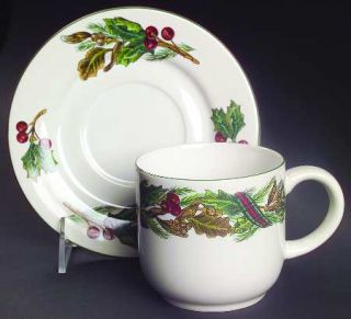 Royal Gallery Garland Flat Cup & Saucer Set, Fine China Dinnerware   Green Holly