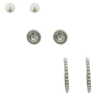 Womens Ball, Stone and C Hoop Stud Earrings Set of 3   Silver/Crystal/Ivory