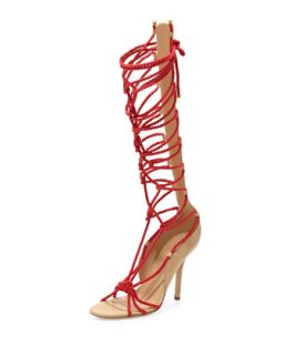 Lace Up Net Knee Sandal, Red/Natural