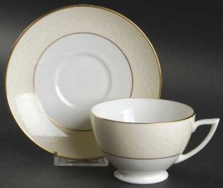 Minton Gold Laurel Footed Cup & Saucer Set, Fine China Dinnerware   White Laurel