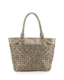 Metlalic Faux Leather Woven Tote, Gold